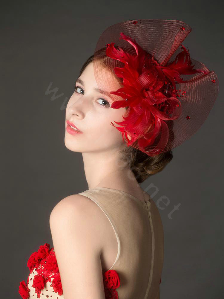 Newest European Red Crystal Gauze Bridal Feather Fascinator Hair Accessories Wedding Dress Prom Hat