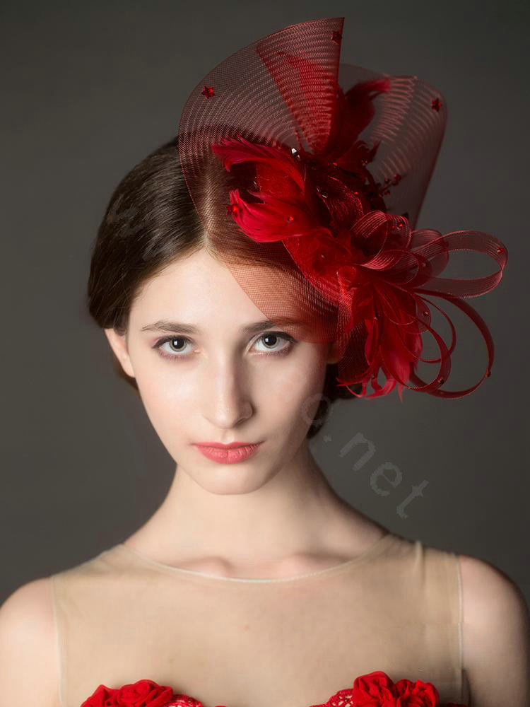 Newest European Red Crystal Gauze Bridal Feather Fascinator Hair Accessories Wedding Dress Prom Hat