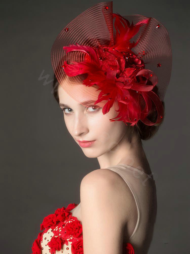Newest European Red Crystal Gauze Bridal Feather Fascinator Hair Accessories Wedding Dress Prom Hat