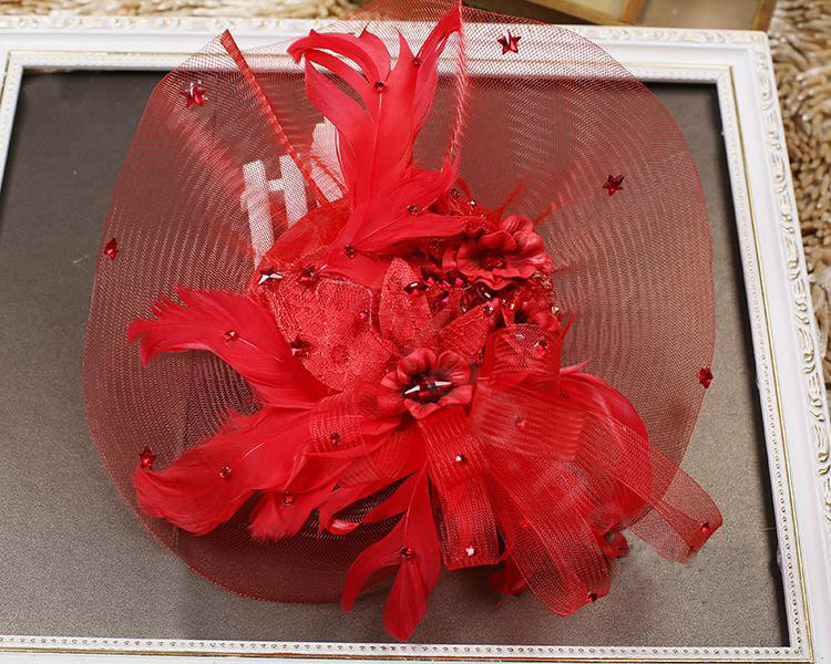 Newest European Red Crystal Gauze Bridal Feather Fascinator Hair Accessories Wedding Dress Prom Hat
