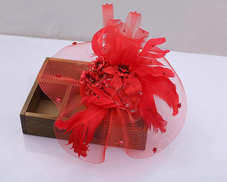 Newest European Red Crystal Gauze Bridal Feather Fascinator Hair Accessories Wedding Dress Prom Hat