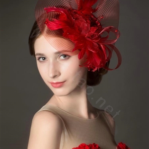 Newest European Red Crystal Gauze Bridal Feather Fascinator Hair Accessories Wedding Dress Prom Hat