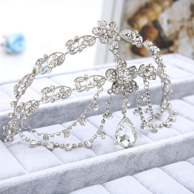 Newest Flower Rhinestone Pendent Tassel Frontlet Bridal Crown Wedding Hair Headpiece Accessories