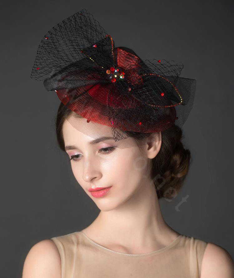 Newest Queen Red Crystal Gauze Bridal Fascinator Hair Accessories Wedding Dress Prom Hat