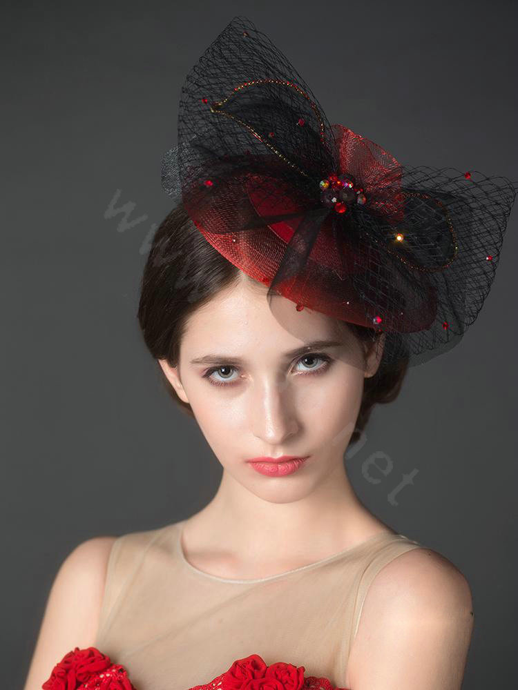Newest Queen Red Crystal Gauze Bridal Fascinator Hair Accessories Wedding Dress Prom Hat