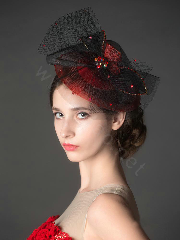 Newest Queen Red Crystal Gauze Bridal Fascinator Hair Accessories Wedding Dress Prom Hat