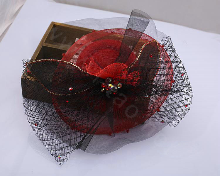 Newest Queen Red Crystal Gauze Bridal Fascinator Hair Accessories Wedding Dress Prom Hat