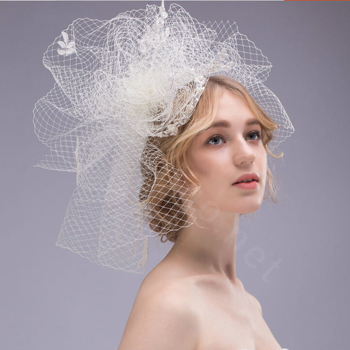 Over Size Pearl Crystal Gauze Bridal Fascinator Headwear Bride Wedding Dress Prom Face Veils Hair Accessories