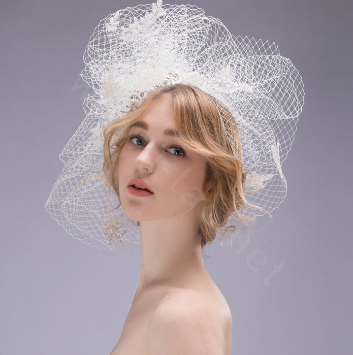Over Size Pearl Crystal Gauze Bridal Fascinator Headwear Bride Wedding Dress Prom Face Veils Hair Accessories