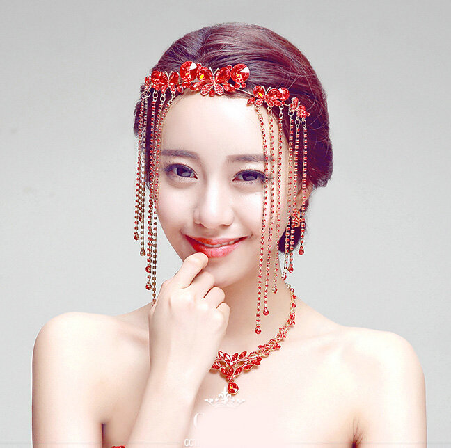 Princess Butterfly Red Rhinestone Long Tassel Frontlet Bridal Crown Wedding Hair Headpiece Accessories