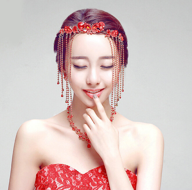 Princess Butterfly Red Rhinestone Long Tassel Frontlet Bridal Crown Wedding Hair Headpiece Accessories