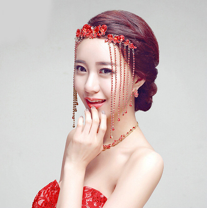 Princess Butterfly Red Rhinestone Long Tassel Frontlet Bridal Crown Wedding Hair Headpiece Accessories