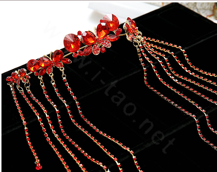 Princess Butterfly Red Rhinestone Long Tassel Frontlet Bridal Crown Wedding Hair Headpiece Accessories