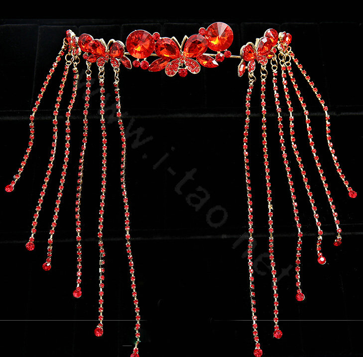 Princess Butterfly Red Rhinestone Long Tassel Frontlet Bridal Crown Wedding Hair Headpiece Accessories