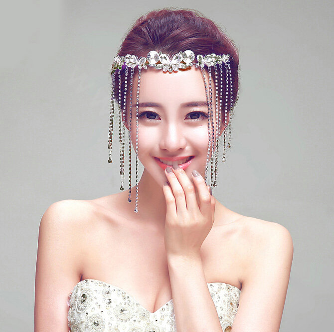 Princess Butterfly Rhinestone Long Tassel Frontlet Bridal Crown Wedding Hair Headpiece Accessories