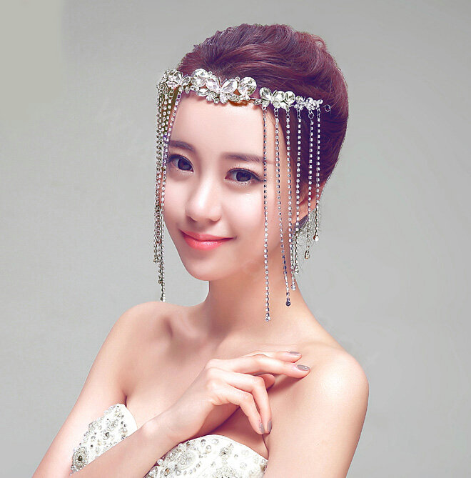 Princess Butterfly Rhinestone Long Tassel Frontlet Bridal Crown Wedding Hair Headpiece Accessories