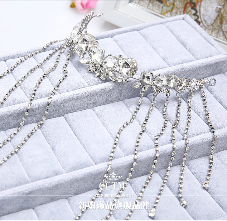 Princess Butterfly Rhinestone Long Tassel Frontlet Bridal Crown Wedding Hair Headpiece Accessories