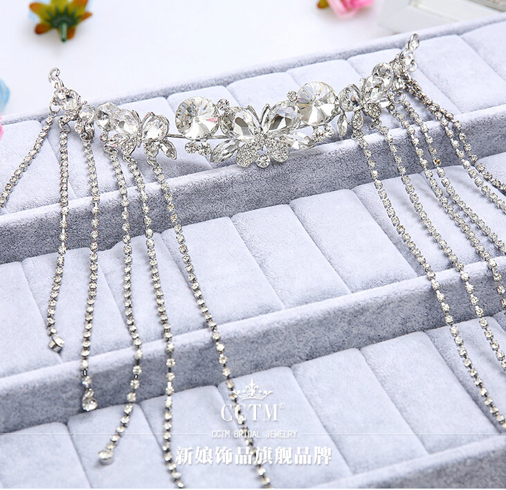 Princess Butterfly Rhinestone Long Tassel Frontlet Bridal Crown Wedding Hair Headpiece Accessories