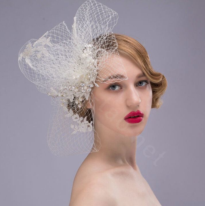 Princess Crystal Pearl Lace Gauze Bridal Fascinator Wedding Dress Prom Face Veils Hair Clip Accessories