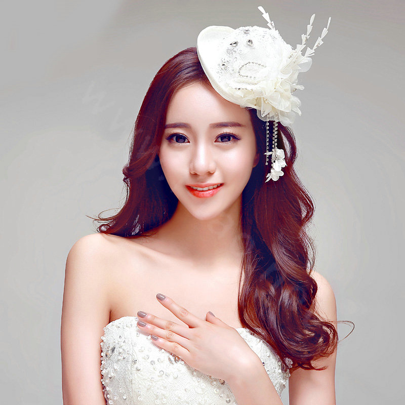Princess Lace Flower Crystal Beads Bridal Feathers Tassel Fascinator Hat Bride Wedding Party Hair Accessory