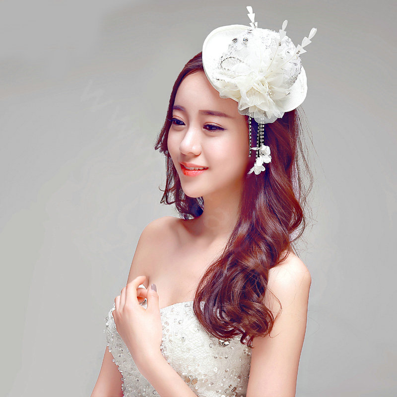 Princess Lace Flower Crystal Beads Bridal Feathers Tassel Fascinator Hat Bride Wedding Party Hair Accessory