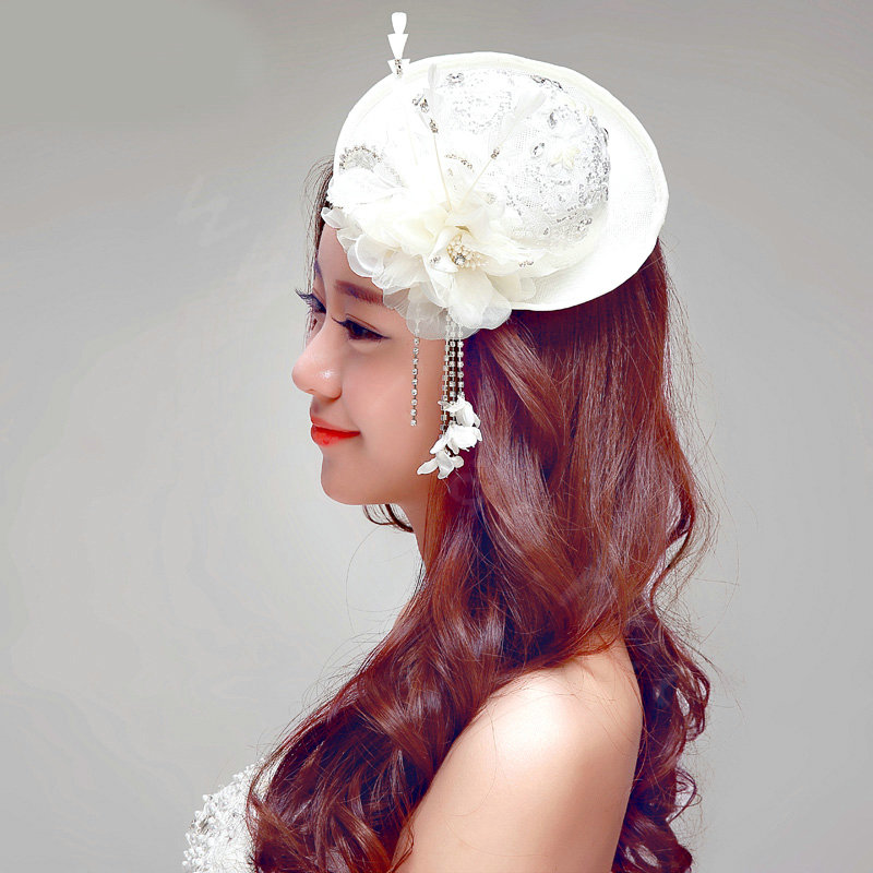 Princess Lace Flower Crystal Beads Bridal Feathers Tassel Fascinator Hat Bride Wedding Party Hair Accessory