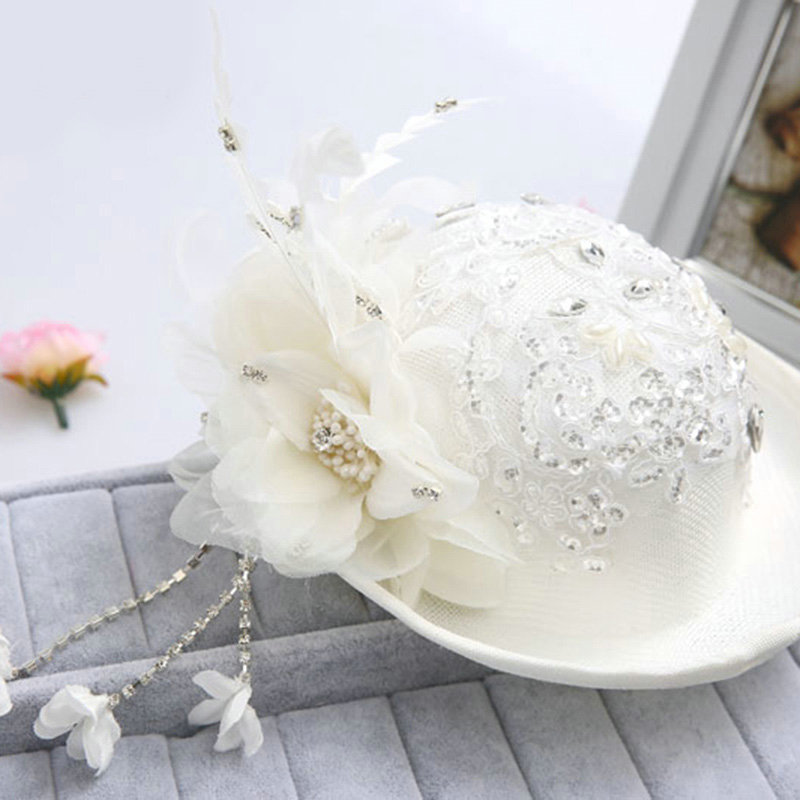 Princess Lace Flower Crystal Beads Bridal Feathers Tassel Fascinator Hat Bride Wedding Party Hair Accessory