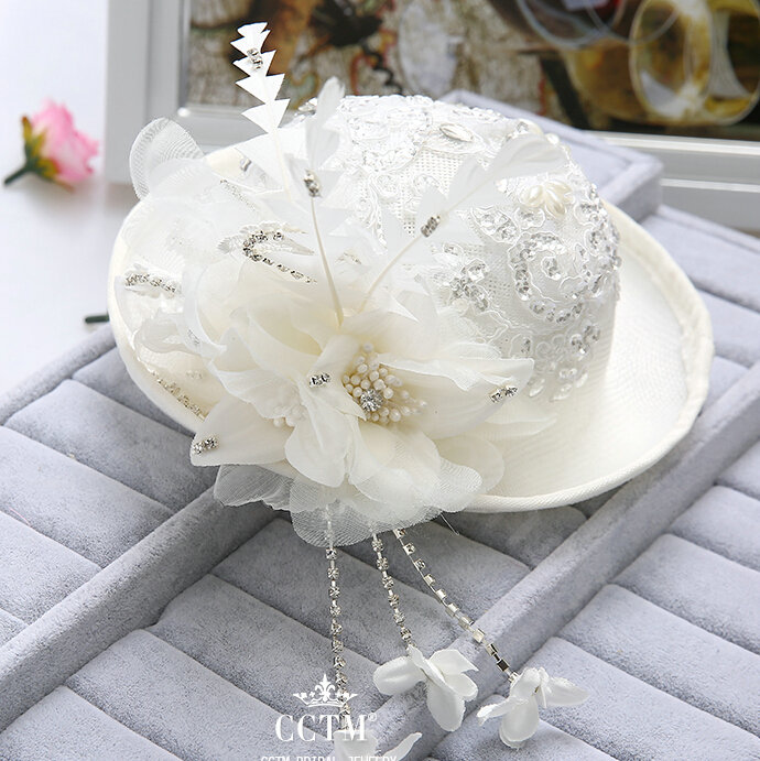 Princess Lace Flower Crystal Beads Bridal Feathers Tassel Fascinator Hat Bride Wedding Party Hair Accessory