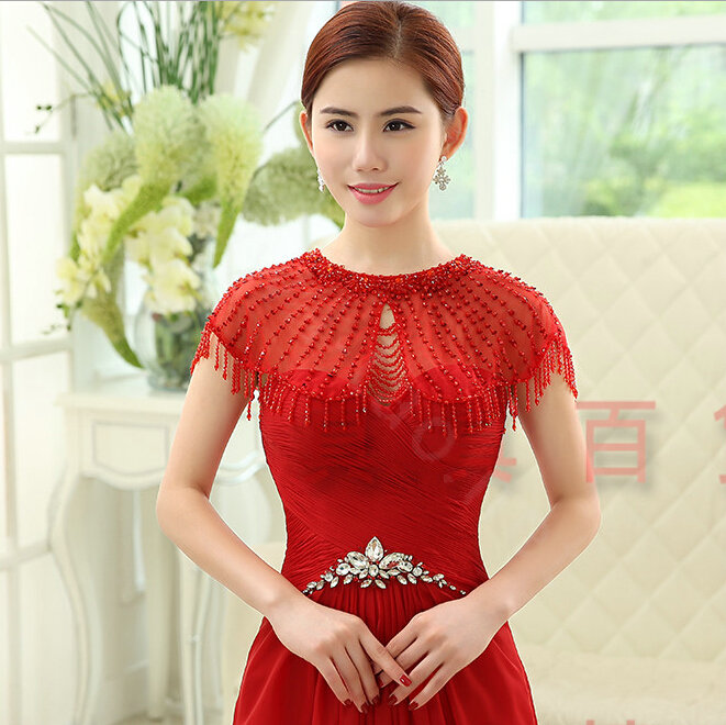 Red Luxurious Bride Lace Sequins Wedding Shawl Crystal Bead Tassel Bridal Shoulder Chain Jewelry