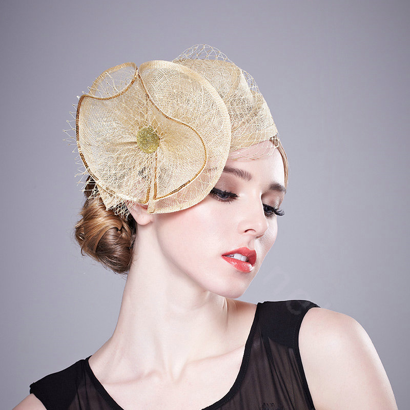 Retro Fashion British Apricot Flax Yarn Bridal Flower Headdress Fascinator Wedding Dress Prom Hat