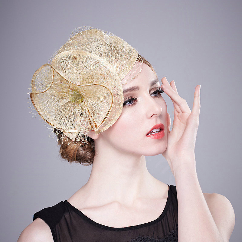 Retro Fashion British Apricot Flax Yarn Bridal Flower Headdress Fascinator Wedding Dress Prom Hat