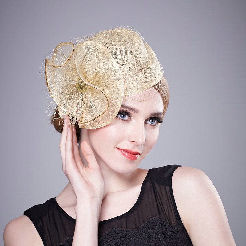Retro Fashion British Apricot Flax Yarn Bridal Flower Headdress Fascinator Wedding Dress Prom Hat