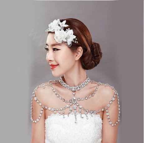Retro Queen Heart Crystal Bridal Necklace Rhinestone Large Shoulder Body Chain Wedding Jewelry