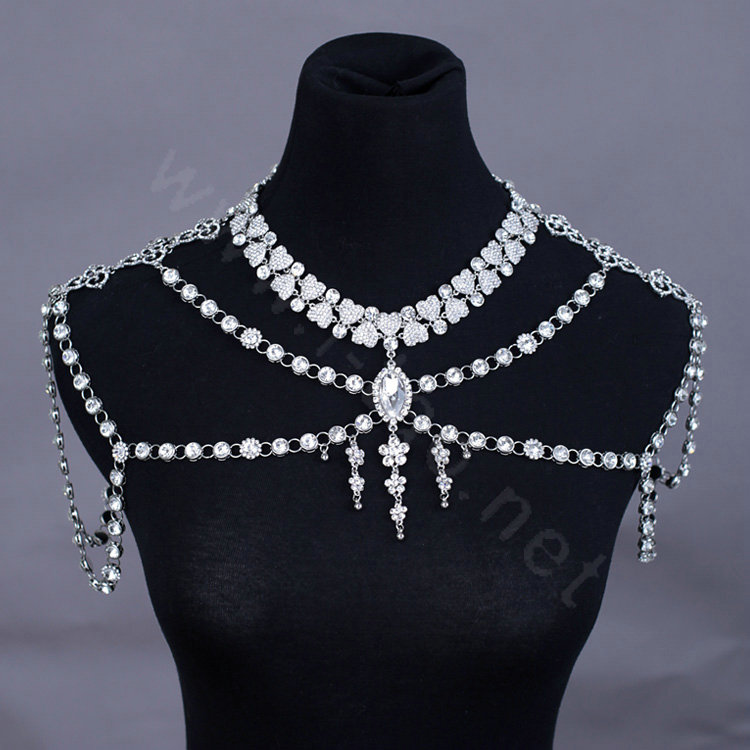 Retro Queen Heart Crystal Bridal Necklace Rhinestone Large Shoulder Body Chain Wedding Jewelry
