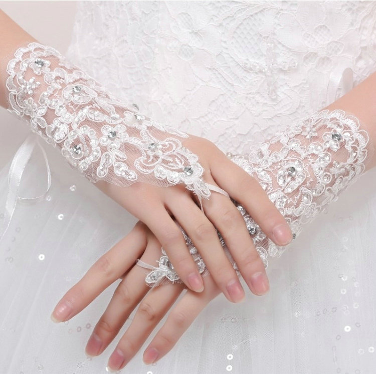 Rhinestone Lace Brides Wristlet Wedding Floral Fingerless Short Gloves Bridal Dress Accessories