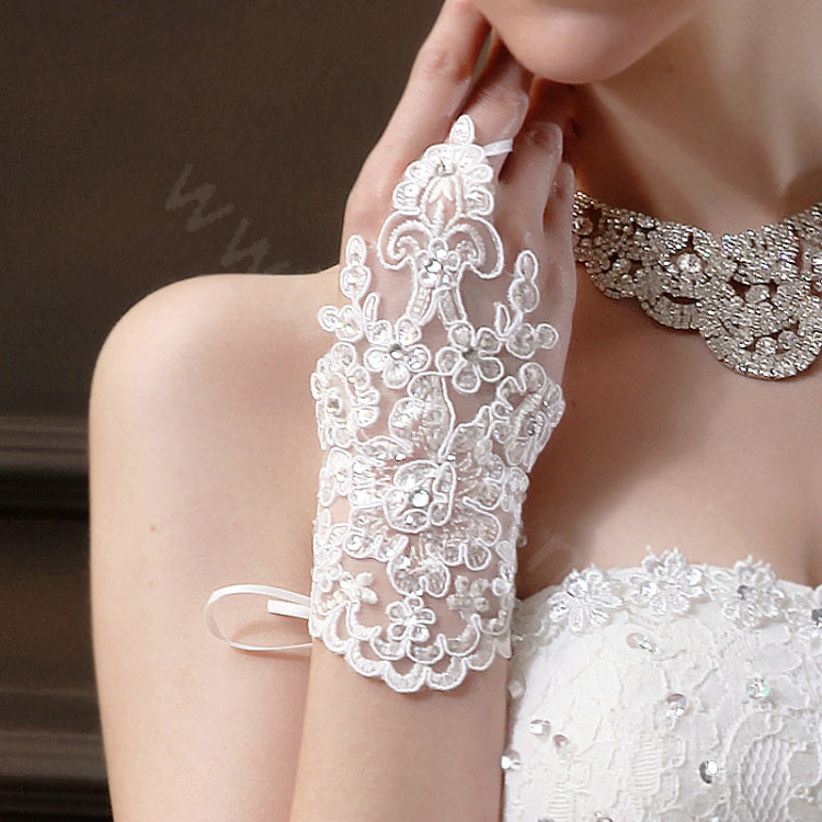 Rhinestone Lace Brides Wristlet Wedding Floral Fingerless Short Gloves Bridal Dress Accessories