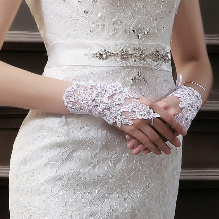Rhinestone Lace Brides Wristlet Wedding Floral Fingerless Short Gloves Bridal Dress Accessories