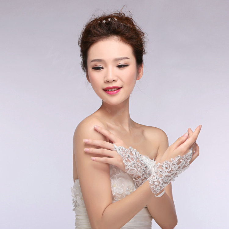 Rhinestone Lace Brides Wristlet Wedding Floral Fingerless Short Gloves Bridal Dress Accessories