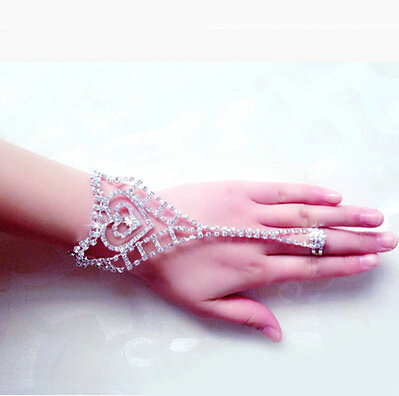 Simple Heart Rhinestone with Ring Bracelet Bridal Wedding Crystal Stage Hand Chain Accessories