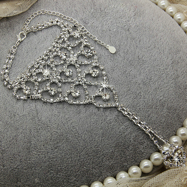 Simple Hollow Heart Rhinestone with Ring Bracelet Bridal Wedding Crystal Stage Hand Chain Accessories