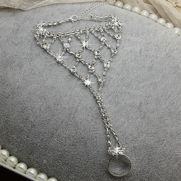 Simple Hollow Mesh Rhinestone with Ring Bracelet Bridal Wedding Crystal Stage Hand Chain Accessories
