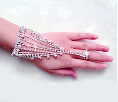 Simple Shinning Rhinestone with Ring Bracelet Bridal Wedding Crystal Wrap Hand Chain Accessories