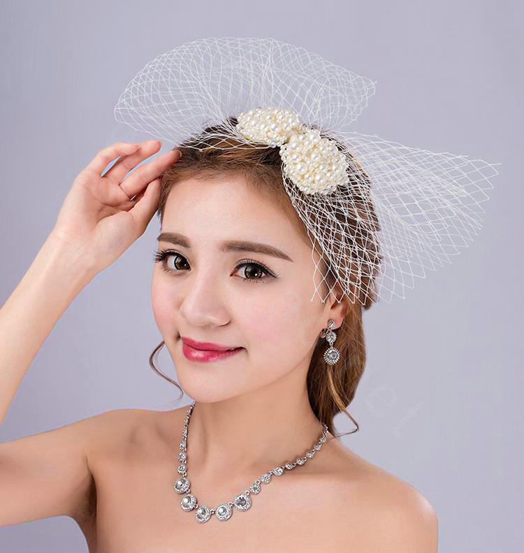 Sweety Bowknot Pearl Beads Gauze Bridal Fascinator Wedding Dress Prom Face Veils Hair Clip Accessories