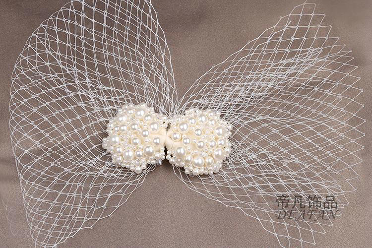 Sweety Bowknot Pearl Beads Gauze Bridal Fascinator Wedding Dress Prom Face Veils Hair Clip Accessories