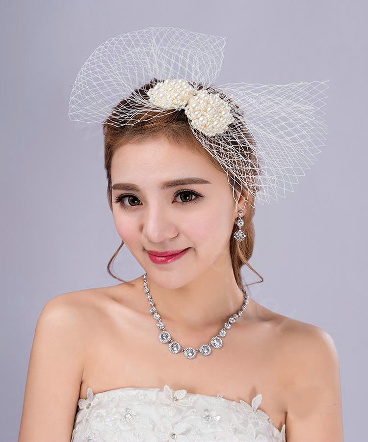 Sweety Bowknot Pearl Beads Gauze Bridal Fascinator Wedding Dress Prom Face Veils Hair Clip Accessories
