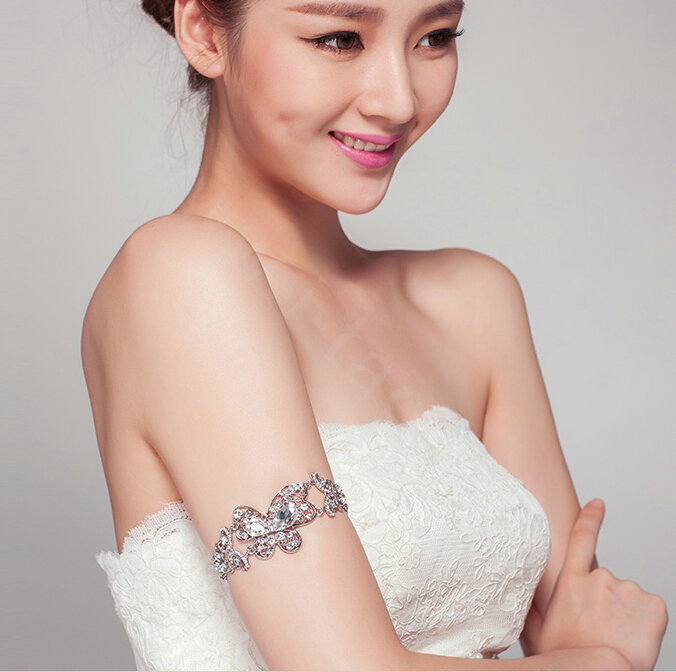 Sweety Style Rhinestone Butterfly Bridal Wedding Bracelet Crystal Armband Deco Armlet Chain