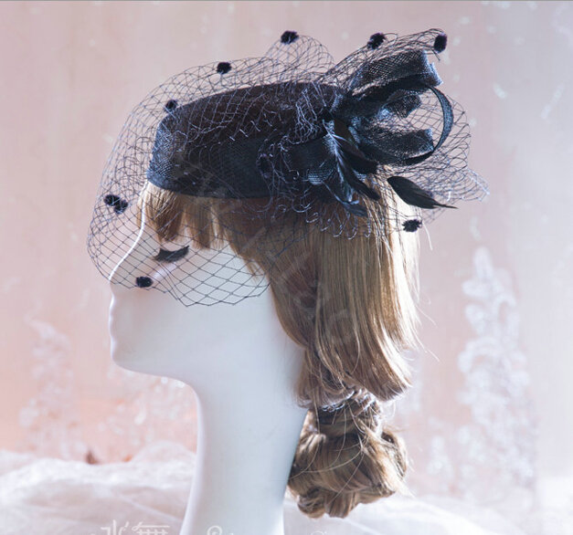 Vintage Bridal Flower Feathers Fascinator Wedding Accessories Prom Party Black Gauze Hats Face Veils
