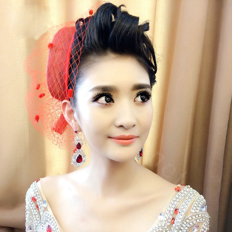 Vintage Bridal Flower Feathers Fascinator Wedding Accessories Prom Party Red Gauze Hats Face Veils