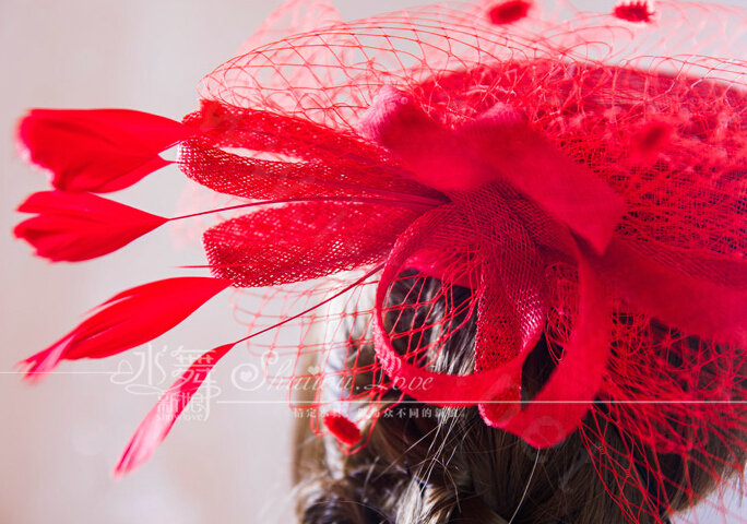Vintage Bridal Flower Feathers Fascinator Wedding Accessories Prom Party Red Gauze Hats Face Veils