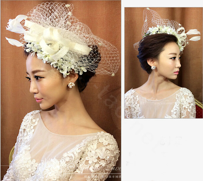 Vintage Bridal Flower Feathers Fascinator Wedding Accessories Prom Party White Gauze Hats Face Veils
